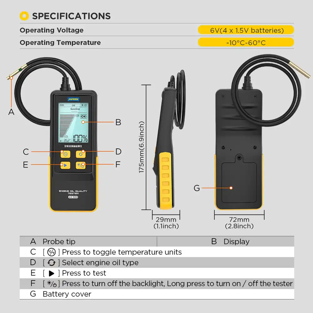 AUTOOL AS503 Digital Optical Engine Oil Quality & Temperature Tester (Petrol/Diesel · 800mm PTFE Probe · 2.8